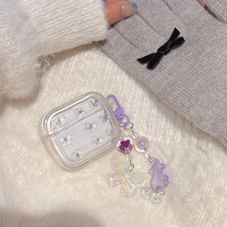 キラキラ蝶々 Airpods 4ケース キーホルダー付 かわいい Airpods3/Pro2ケース airpodsproカバー 頑丈 プレゼントにおすすめ[M5074]