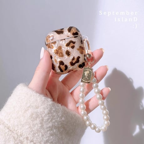ヒョウ柄  Airpods 4/3ケース  AirpodsPro2/Pro1 パールハート/ストラップ付 可愛い 高級感高品質 秋冬トレンド[M4738]