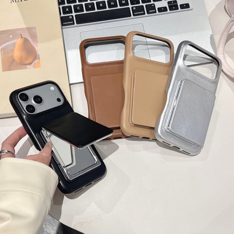 スタンド付ミラー iPhone17pro/17ケース 革製 メイク直し鏡付 iPhone16ProMax/15/14カバー 耐衝撃 多機能[M6032]