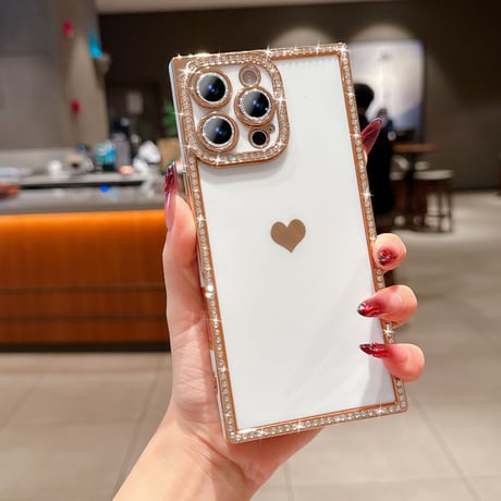 スクエア ダイヤ iPhone16Pro/16ケース ハート柄 iPhone15pro/14/13Proカバー 四角 レンズカバー付[M5321]