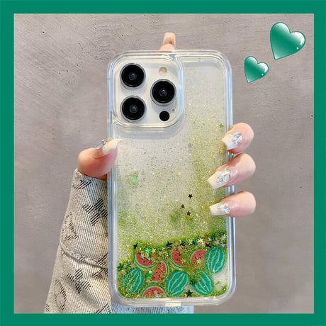 流れるグリッター/スイカ/アボカド iPhone14/13miniケース 液体 キラキラアイフォン12mini/11pro/SE3カバー 面白い お揃い 頑丈 夏に人気  [M3323]