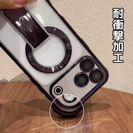 スタンド付 iPhone17Pro/16ProMaxケース メッキ MagSafe対応 iPhone15Pro/14/13ケース 耐衝撃加工 黄ばまない [M6360]