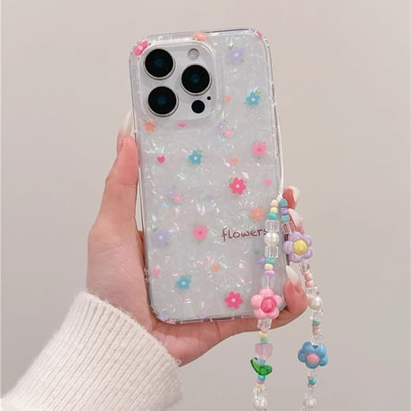 春におすすめ iPhone16pro/16ケース 花柄 シェル風 iphone15pro/14/13proカバー  花ストラップ 可愛い 淡色系[M5130]