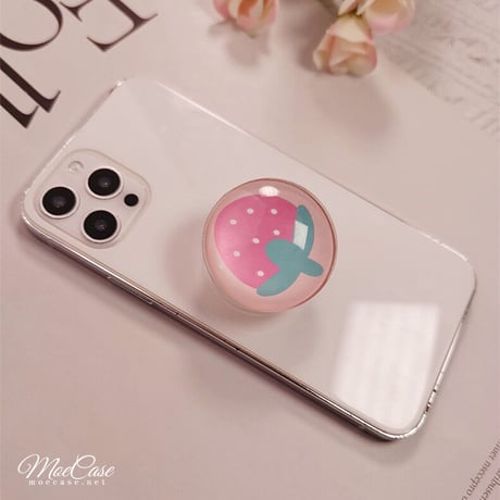 クリスタル スマホグリップスタンド イチゴ/ピーチ/黒花/牛柄 かわいい 粘着タイプ キラキラ 全機種対応 オシャレ トレンド[M3107]