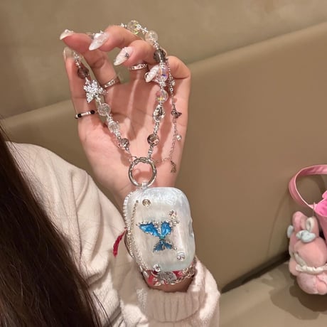 ダイヤデコ Airpods 4ケース ブルー蝶 Airpods3/Pro2ケース airpodsproカバー 上品ストラップ付  高級感高品質[M5156]