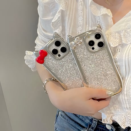 リボン 猫の耳 iPhone15Pro/15カバー キラキラグリッタ アイフォン14プロ/13/12ケース かわいい 女子力高い [M4393]