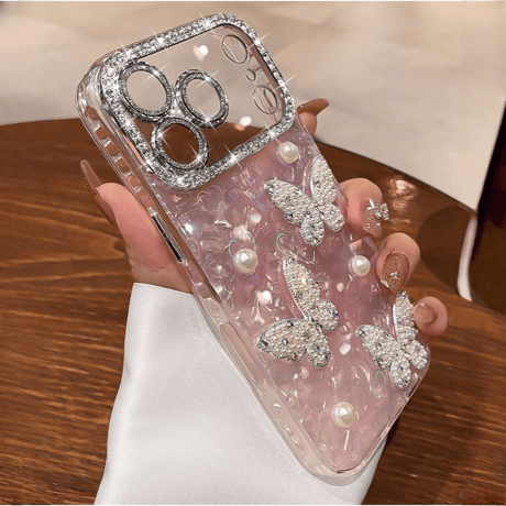 パール蝶 iPhone17Pro/17ケース シェル調 キラキラハート柄 iPhone17promax/Air/16ケース レンズフイルム付き 大人可愛い [M5695]