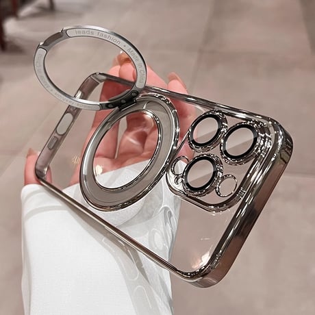 Magsafeリングスタンド一体 iPhone15pro/15promaxケース 高品質高機能 iphone14Pro/13proケース 飽きないデザイン メッキ レンズ保護[M3851]