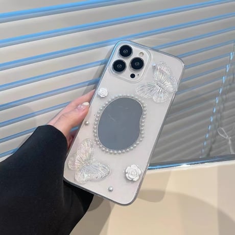 パール鏡付 iPhone15/15proケース  蝶/花 iPhone14pro/13mini/12proカバー 透明 綺麗 女子力アップ[M3990]