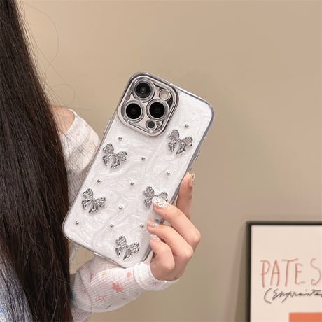 リボン iPhone15/15pro/15plusカバー ホワイト iPhone14/13pro/12ケース お洒落 可愛い[M4551]