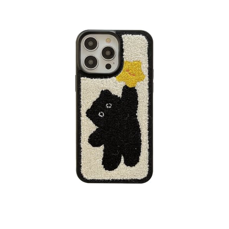 黒猫  iPhone16pro/15ケース  刺繡入り iphone14Pro/13/12/11カバー   可愛い  柔らかい 寒さを防ぐ[M2418]