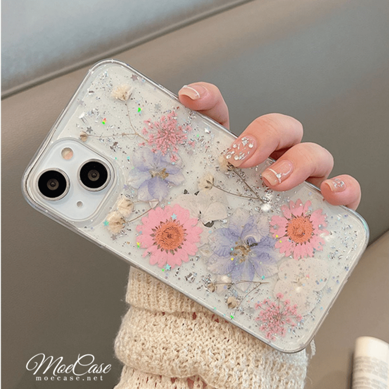 展示 ハンドメイド 押し花iphoneケース /クリアケース パール 押し花