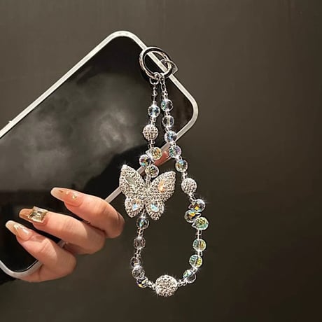 ジュエリー蝶 スマホストラップ 上品 キラキラ Airpodsアクセサリー キーホルダー 女子力アップ 高級感おしゃれ iphone、AQUOS、Galaxyなど全種類対応 [M5050]