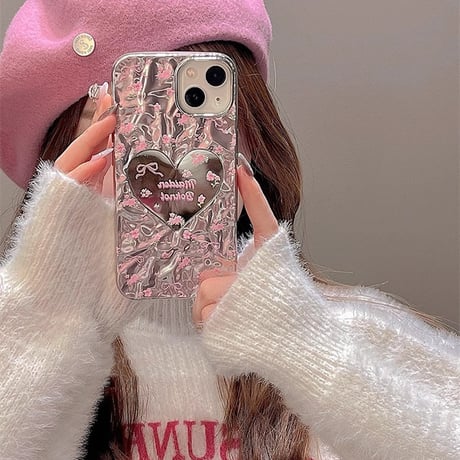 ハートミラー iPhone15/15proケース 花柄 リボン iPhone14/13pro/12ケース かわいい ピンク きれい 春夏[M3982]