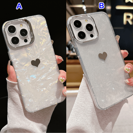 ハート柄 iPhone15Pro/16plusカバー シェル風/ラメ入り 透明アイフォン14プロ/13/12ケース きれい 黄ばまない[M4417]