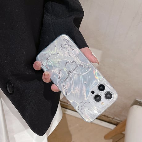 オシャレ iPhone15/15Proケース キラキラチョウ iPhone/14/13ケース ホワイト 女子に人気 [M3763]