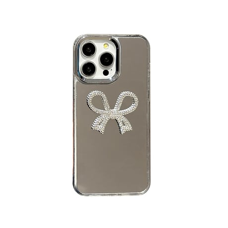 ミラー iPhone16e/16proケース ジュエリーリボン iPhone15pro/14/SEカバー  可愛いパールストラップ 高級感[M5220]