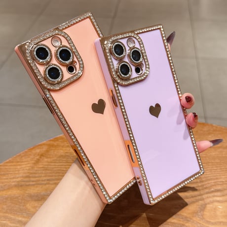 スクエア ダイヤ iPhone16Pro/16ケース ハート柄 iPhone15pro/14/13Proカバー 四角 レンズカバー付[M5321]