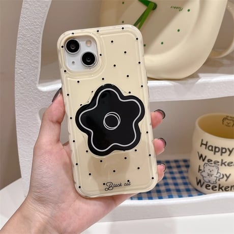 黒花グリップ iPhone15/15proケース 水玉模様 iPhone14/13proカバー かわいい 韓国風[M4512]