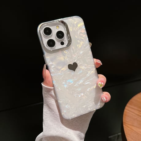 ハート柄 iPhone15Pro/16plusカバー シェル風/ラメ入り 透明アイフォン14プロ/13/12ケース きれい 黄ばまない[M4417]