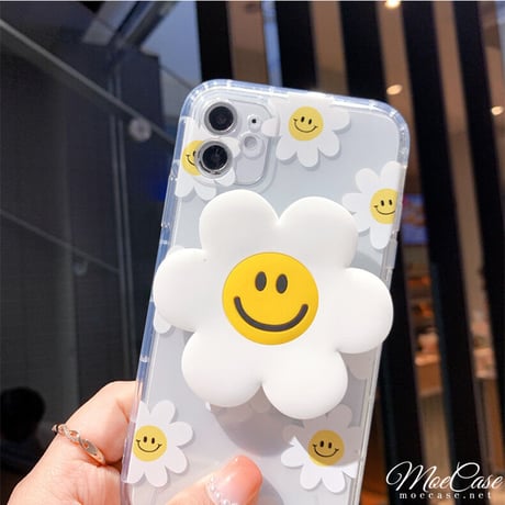 笑顔の花ミラーグリップ iPhone15/14/13ケース かわいい花柄 アイフォン12/11proカバー 多機能 卓上スタンド/化粧直しに便利  [M2970]