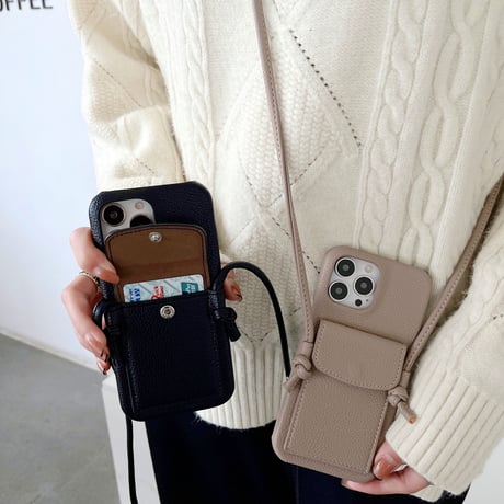 カード入れ付 iphoneSE第3世代/13ケース  革 首掛けストラップ アイフォン12/11proカバー 高級感  頑丈 便利[M1698]