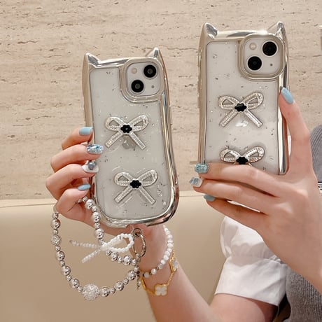 耳付 立体リボン iPhone15pro/15カバー 可愛いストラップ付 iPhone14/13pro/12ケース キラキラ 女子力UP[M4374]