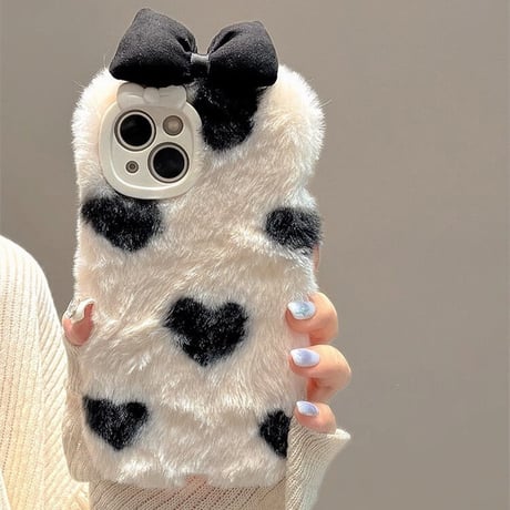 ファーハート柄 iphone15/15Proケース  リボン iphone14/13/12カバー フワフワ 手触りいい かわいい[M3575]
