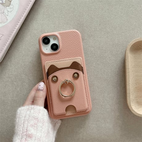 リングカード入れ付 iPhone16/16Proケース 熊 レザー アイフォン15pro/13mini/12/14カバー レザー 高品質 超便利[M4639]