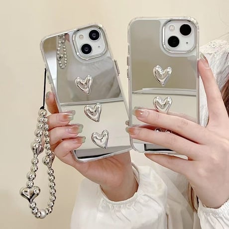 ハートデコ鏡 アイフォン16/16promaxケース ハートストラップ iPhone15pro/14/13proカバー  可愛い 丈夫 夏に人気[M5435]