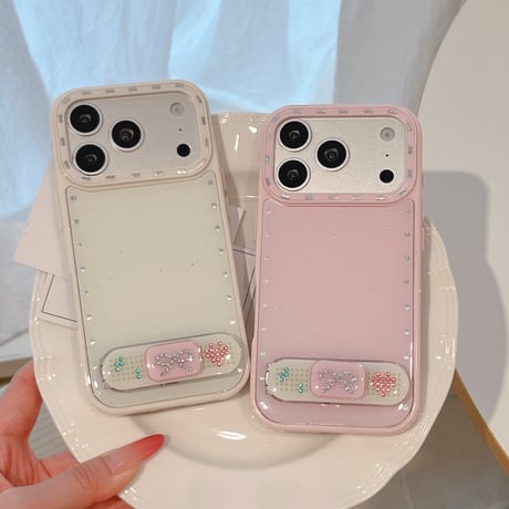 ダイヤリボンスタンド iPhone17Pro/17ケース ストーンライン iPhone16Pro/15/14ケース 淡色系 ガーリーファッション[M6338]