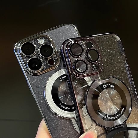 Magsafe対応 iPhone15/15proケース スタンド オシャレ アイフォン14/13proカバー レンズフイルム付 キラキララメ入り [M3620]
