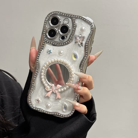 可愛い鏡付 iPhone16pro/16ケース パール/ジュエリー iPhone15/14pro/13promax/12カバー うねうね おしゃれ[M5271]