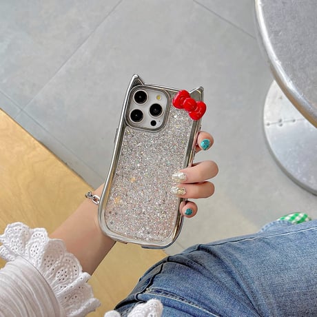 リボン 猫の耳 iPhone15Pro/15カバー キラキラグリッタ アイフォン14プロ/13/12ケース かわいい 女子力高い [M4393]
