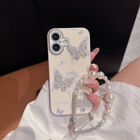 蝶々デコ iPhone16e/16proケース 高級感パールストラップ付 iPhone15promax/14/13カバー かわいい エレガント[M5316]