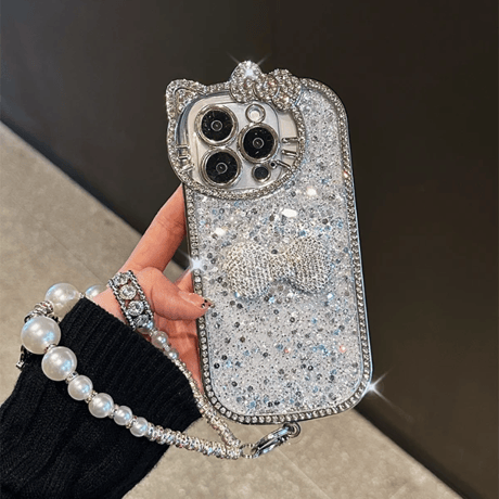 ダイヤリボン iPhone16/16Pro/15ケース キラキラグリッター  iPhone14/13/12Pro パールストラップ きれいめコーデ　女子力高い [M4926]