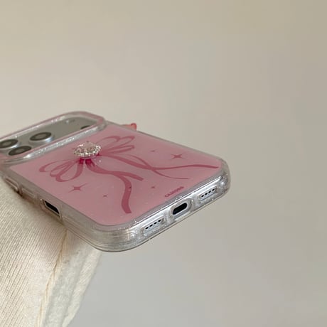 ピンクハートダイヤ iPhone17Pro/17ケース リボン柄 iPhone17Promax/16Pro/15ケース キラキラ かわいい[M6141]