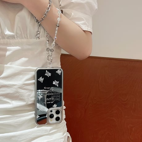 ミラー iPhone15/15proケース きれいストラップ付 iPhone14/13pro/12proケース かわいい 女子力UP [M4406]