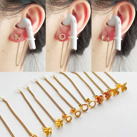 人気 AirPods用イヤークリップ ピアス 落下紛失防止 ダイヤ/蝶/花  お洒落 イヤホンストラップ  ホルダー   おしゃれ 人気 2点[M6307]