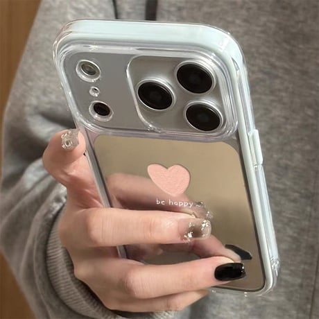 ミラー アイフォン17/17プロケース ハート柄 iPhone17Promax/16Pro/15ケース 光沢感 丈夫 ピンク/ブルーライン[M6052]