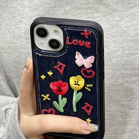 デニム 草花柄 アイフォン14plus/14proケース  刺繡  iphone13/12/11カバー  高品質  高級感 ガールズに人気 [M2248]