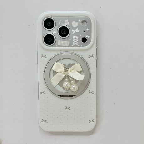 MagSafeリングスタンド iPhone17Pro/17ケース リボンパール iPhone16Pro/15/14ケース カメラカバー 甘めコーデ [M6337]