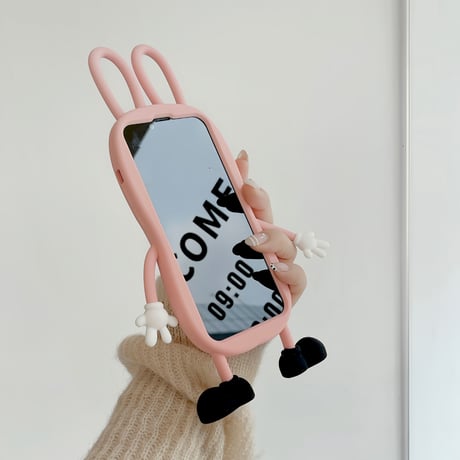ウサギ iPhone14/13ケース ピンク シリコンアイフォン12/11カバー かわいい 耳持ち手 頑丈 プレゼントにおすすめ  [M3117]