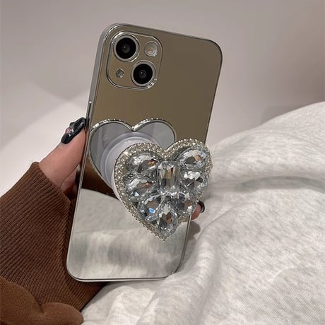 ハートダイヤグリップ iPhone15/15proケース  ミラー iPhone14/13pro/12ケース 女子力アップ オシャレ 便利[M3906]