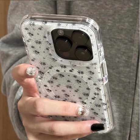 黒花グリップ iPhone16pro/17ケース MagSafe充電 iPhone15/14promaxカバー パール オシャレ  大人可愛い [M5653]