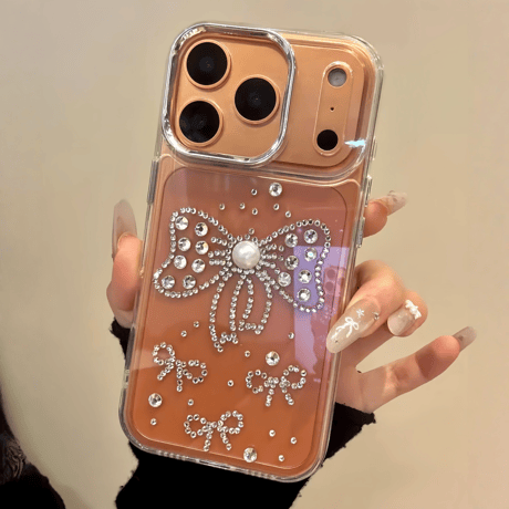 ダイヤリボン iPhone17Pro/17ProMaxケース パール iPhoneAir/17/16Proケース ハンドメイド  キラキラ 綺麗 [M5726]
