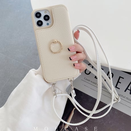ミラーカード入れ付き iPhone14/15proケース リング ストラップ付 アイフォン13ミニ/12プロカバー レザー 多機能便利[M2830]