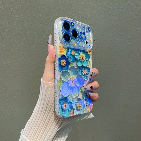 油絵花 iPhone17Pro/17ケース ストーンライン iPhone16Pro/15/14ケース 光沢感 可愛い 美しい[M6207]