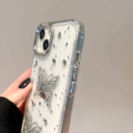 ラメ蝶々 アイフォン16pro/15ケース ダイヤ ハンドメイド iPhone14/13pro/12カバー 大人可愛い 春夏向け[M5175]