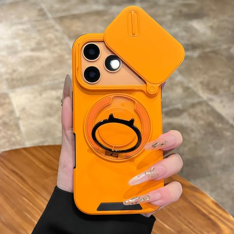 スライド式カメラ保護カバー付 iPhone17Pro/17promaxケース MagSafe対応 iPhone17/16Proカバー 360度回転可スタンドリング カッコイイ[M5798]